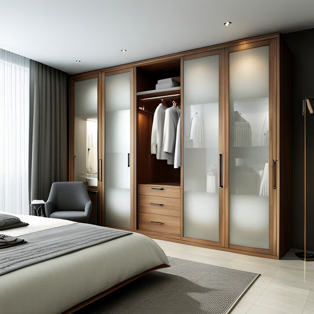 Bedroom interior with full-height timber wardrobe and frosted glass doors