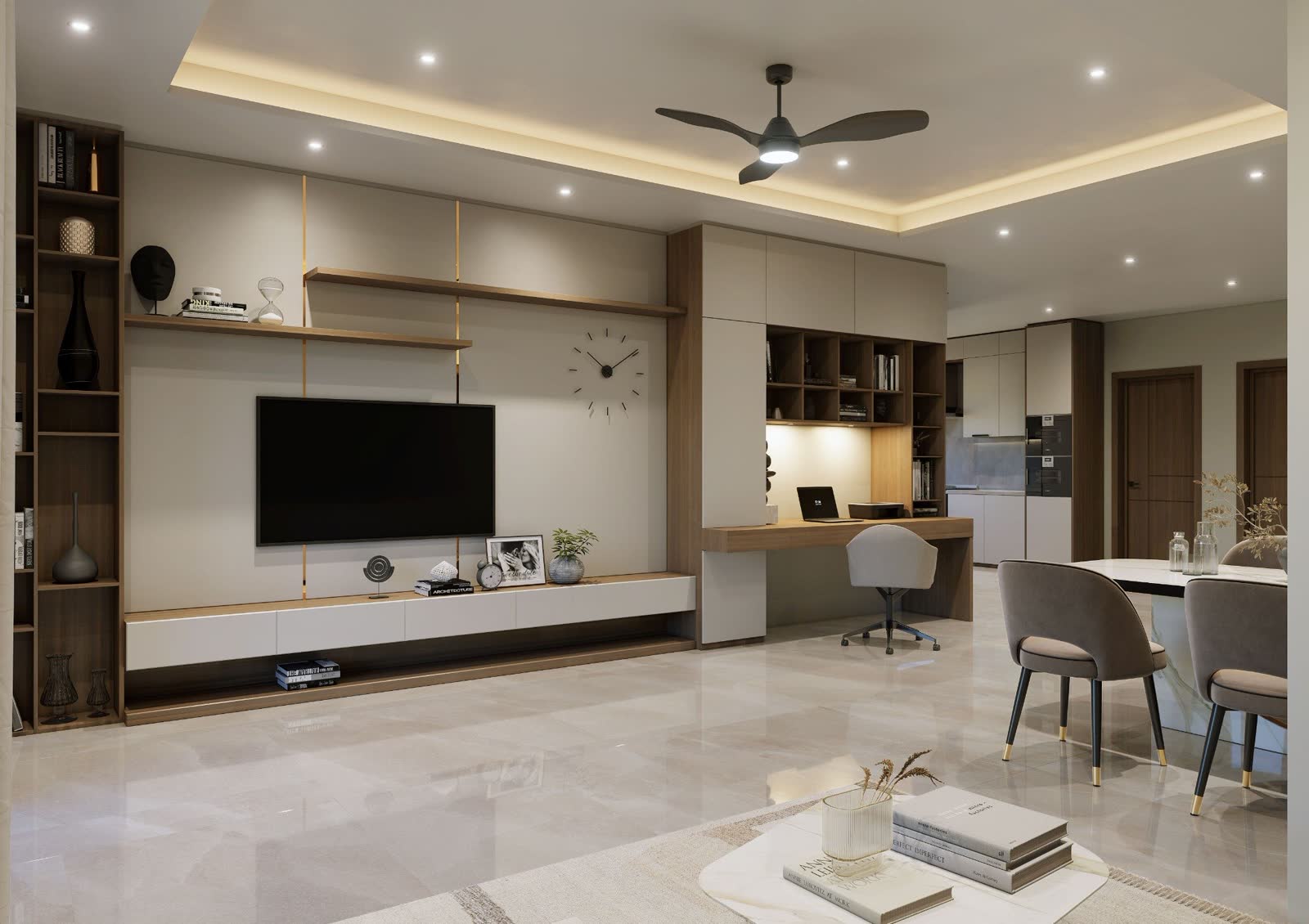 Living and dining room of a Mont Vue residence with full-height glazing