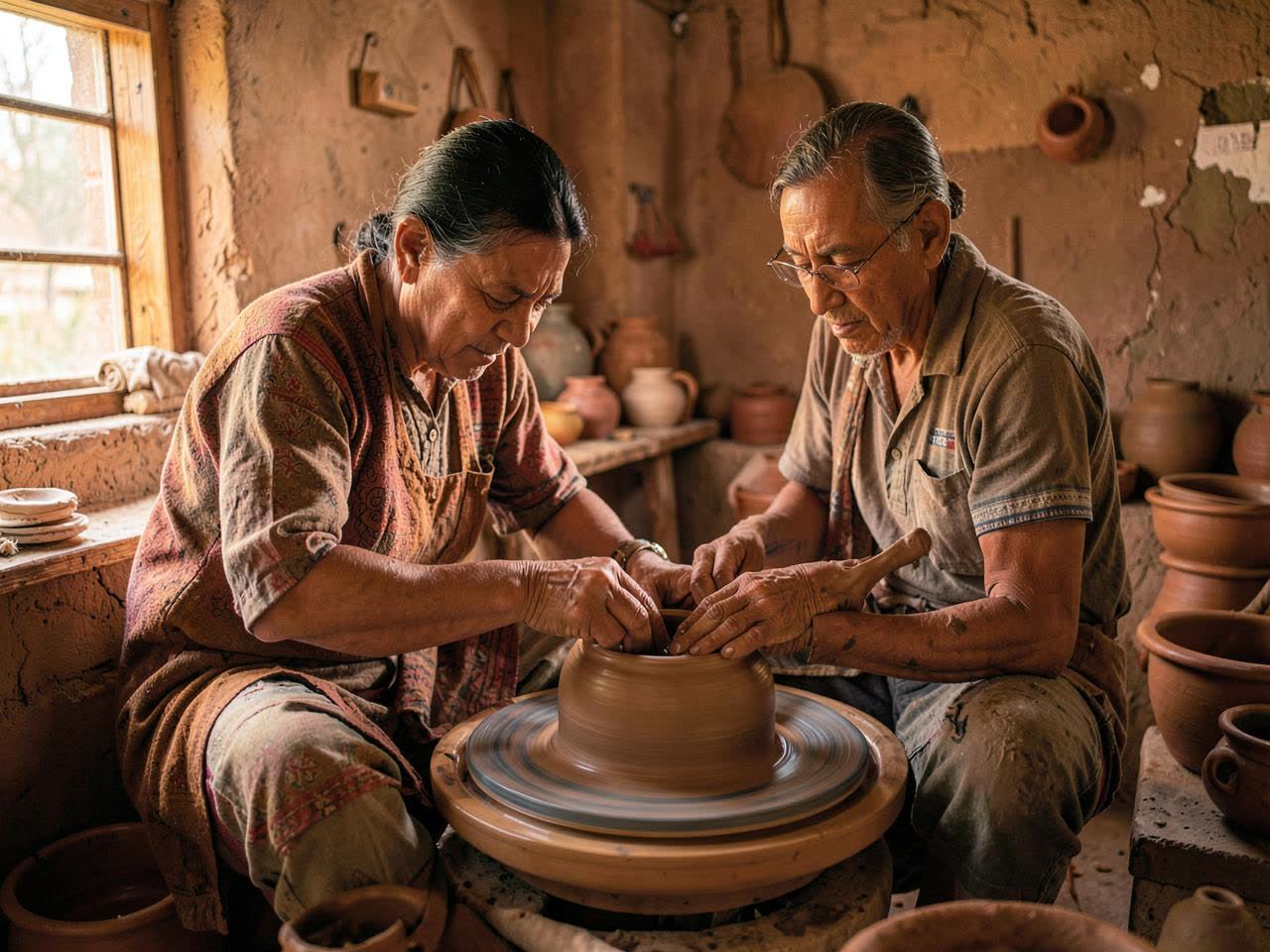 Artisans shaping clay on a pottery wheel in a rustic Andretta studio