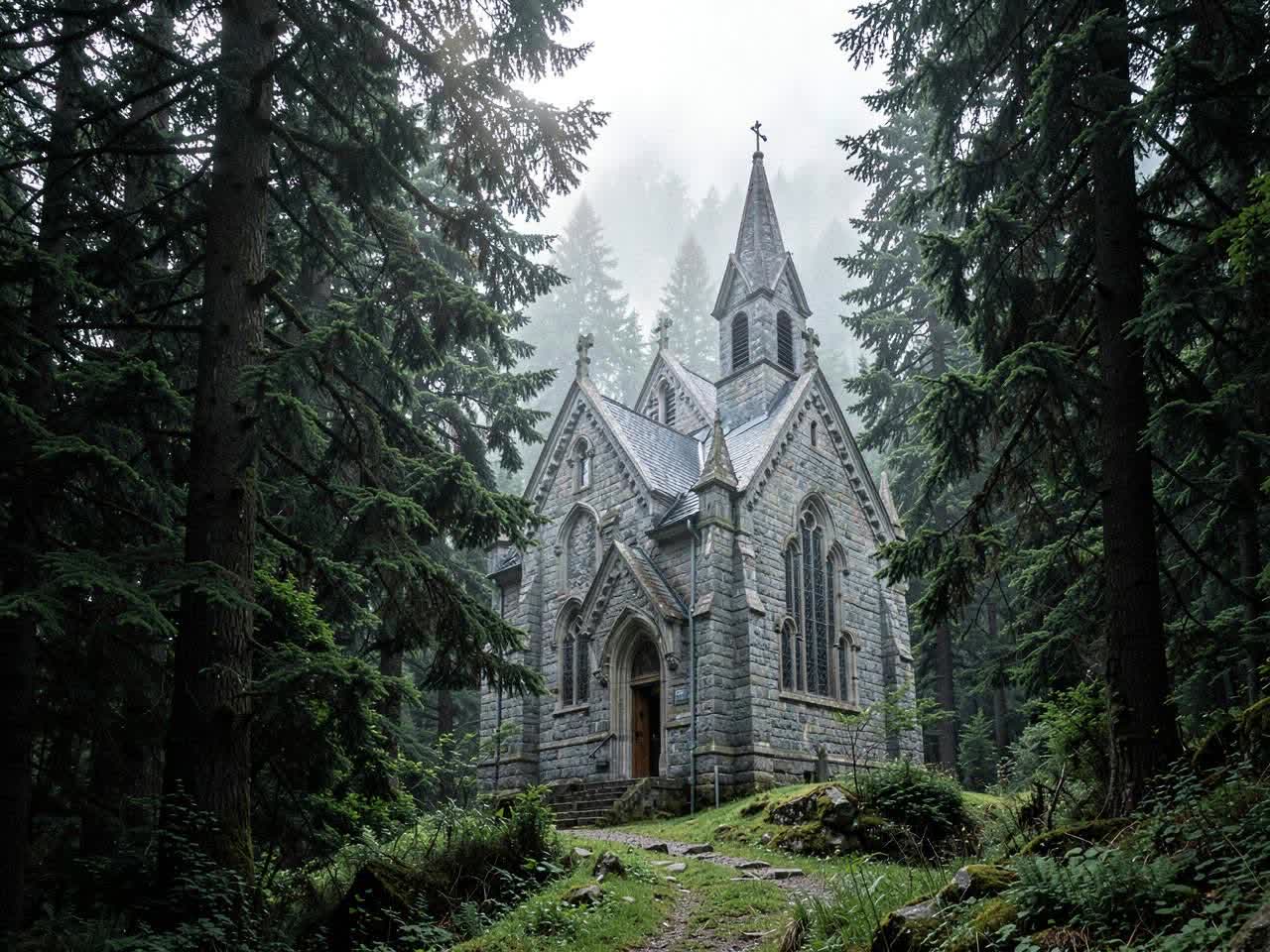 Neo-Gothic stone church surrounded by misty deodar forest