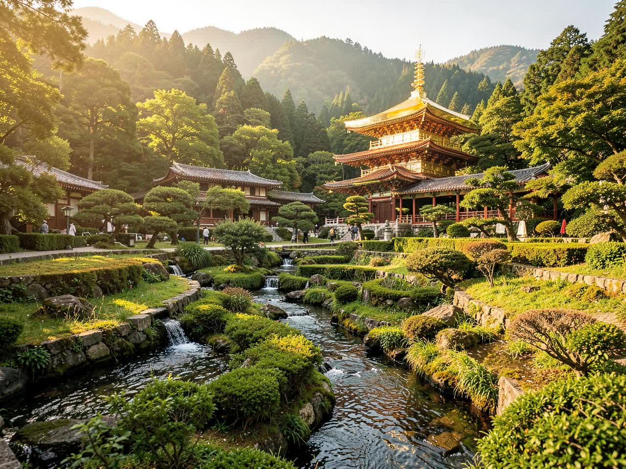 Golden-roofed temple and Japanese-style terraced gardens at Norbulingka Institute